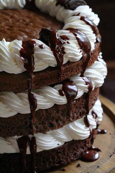 there is a chocolate cake with white frosting on it