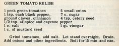 an open book with instructions on how to make green tomato relish for tomatoes and other vegetables