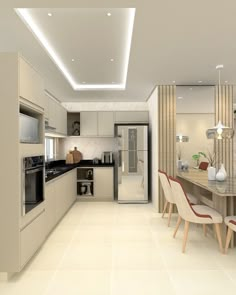 a modern kitchen with white walls and flooring is seen in this artist's rendering