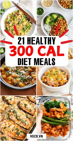 collage of healthy 300 cal diet meals