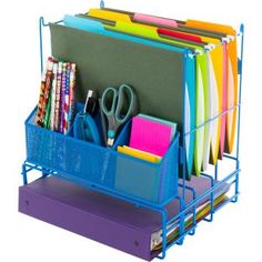 a blue metal desk caddy with various folders and pens, scissors and pencils