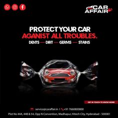 an advertisement for a car that is red and black with the words protect your car against all troubles