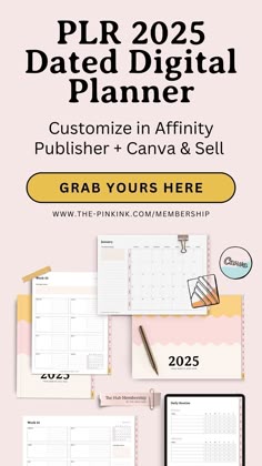 a pink desk with the text plr 205 dated digital planner customize in affinity, pusher and canva & sell grab yours here