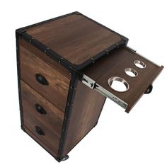 a wooden table with two drawers and metal handles on the top, in front of a white background