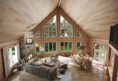 a living room filled with lots of furniture next to a wooden wall covered in windows