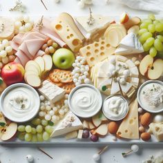 an assortment of cheeses and fruits on a platter