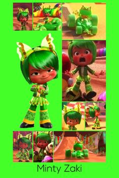 an animated character with green hair and various expressions on the image, including two different pictures