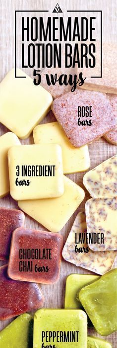 the ingredients for homemade lotion bars are shown in different colors and flavors, including chocolate,