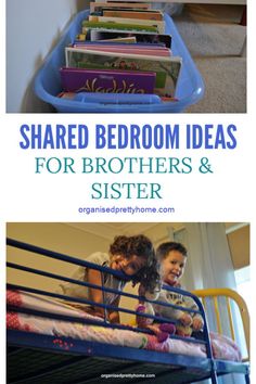 two children are playing in their bed with books on the bottom and bottom bunk beds