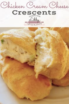 chicken cream cheese crescents on a plate with text overlay that reads, chicken cream cheese crescents