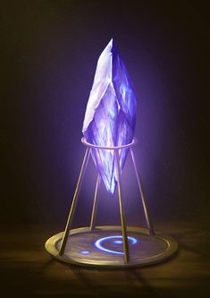 a purple crystal sculpture sitting on top of a metal stand next to a blue light