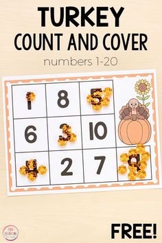 a turkey count and cover game for numbers 1 - 20 with the title free printable