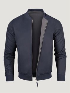 Reversible Bomber Jackets | Navy and Charcoal | Fresh Clean Threads Casual Reversible Cotton Outerwear, Casual Reversible Outerwear For Layering, Casual Navy Outerwear For Layering, Brushed Nickel Hardware, Blue Crew, White Crew Neck, Nickel Hardware, Jean Top, The Fly