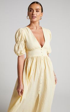 Augusta Midi Dress - Button Detail V Neck Double Puff Sleeve Dress in Butter Yellow | Showpo USA V-neck Midi Dress For Spring Picnic, Spring V-neck Midi Dress For Picnic, Button Closure Dress For Picnic, Summer Puff Sleeve Mini Dress With Buttons, Summer Mini Puff Sleeve Dress With Buttons, Puff Sleeve Midi Dress With Buttons For Summer, Summer Puff Sleeve Midi Dress With Buttons, Chic Gingham Dress With Buttons, Summer Midi-length Puff Sleeve Dress With Buttons