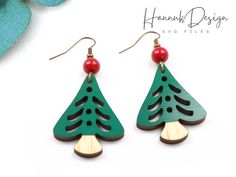 wooden christmas tree earrings with red beads