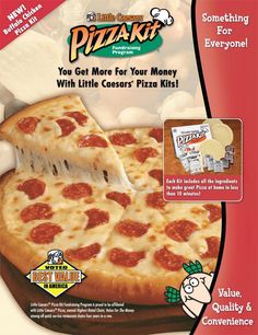 an advertisement for a pizza with cheese and pepperoni on the front, featuring a slice being taken out of it