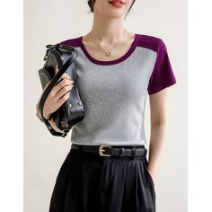 Cool Thread Contrasting High Elastic Black Basic Tee  Material: 46%Cotton+8%Spandex+46%Viscose  Style: Basic Tee Size: S, M, L, XL, 2XL, 3XL Color: Black, Purple  Occasion: Outdoor, Daily,  Vacation Gray Crew Neck Top For Work, Versatile Gray Crew Neck Top, Versatile Black T-shirt For Work, White Graphic Tee, Retro Graphic Tees, Oversized Graphic Tee, Black Graphic Tees, Graphic Tees Vintage, Style Basic