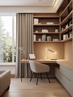 a room with a couch, desk and bookshelf next to a large window