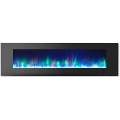 an electric fireplace with blue and green flames on the side, against a white background