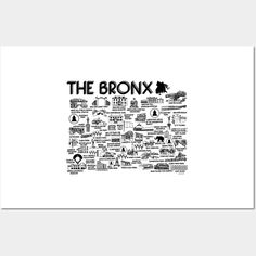 the bronx map in black and white with words written on it, including locations that are labeled