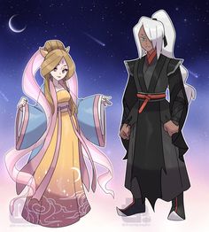 two anime characters standing next to each other in front of the night sky with stars