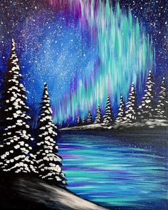 an acrylic painting of trees and the aurora bore