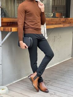 Brown Chelsea Boots Outfit Mens, Leather Chelsea Boots Men Outfit, Brown Chelsea Boots Men Outfit, Tan Shoes Outfit, Brown Boots Outfit Men, Leather Shoes Outfit, Leather Boots Outfit, Black Slim Fit Pants