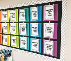 a colorful bulletin board is hanging on the wall