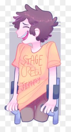 a drawing of a boy with an orange shirt on and the words stage crew jenny