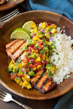 grilled salmon with avocado mango salsa and coconut rice