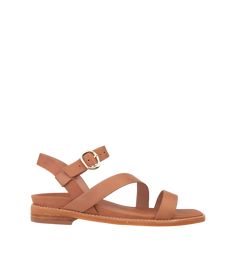 Brown Leather Flat Heel Sandals, Spring Brown Leather Footbed Sandals, Leather Sandals With Buckle Closure And Flat Heel, Leather Flat Heel Sandals With Buckle Closure, Brown Leather Open Toe Footbed Sandals, Flat Heel Leather Sandals With Buckle Closure, Chic Brown Leather Footbed Sandals, Leather Toe Loop Slingback Sandals, Leather Ankle Strap Sandals With Leather Footbed