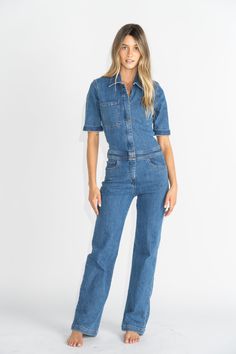 ROWDY Mid Length Sleeves, Long Torso, Denim Style, Downtown Los Angeles, Denim Jumpsuit, Straight Pants, Cool Suits, Black Friday Sale, Denim Fashion