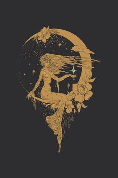 a woman sitting on top of a moon with flowers in her hair and holding a wand