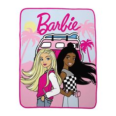 two barbie dolls standing next to each other in front of a pink van with palm trees