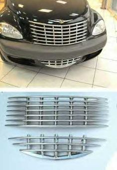 the front and side view of a black car with chrome grills on display in a showroom