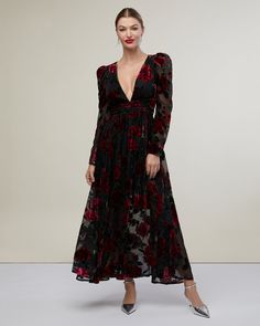 Puff Sleeve Burnout Velvet Dress – Rachel Parcell, Inc. Floral Velvet Dress, Burnout Velvet Dress, Lover Dress, Velvet Dress Designs, Rose Maxi Dress, Roses Black, Rachel Parcell, Burnout Velvet, Long Sleeve Dress Formal