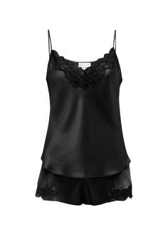 "Find CHRISTINE LINGERIE Bijoux Short Lace-trim Silk Pajama Set on Editorialist. Christine Lingerie \"Bijoux\" pajama set with scalloped lace trim along the neckline Scoop neckline Sleeveless; adjustable shoulder straps Includes matching lounge shorts Relaxed silhouette Straight hem Silk; nylon/cotton/elastic trim Made in Canada" Peter Alexander Pajamas Silk Black, Designer Pjs, Silk Nightwear Romantic, Black Silk Pajamas, Silk Pajamas Shorts, Silk Nightwear, Silk Chemise, Black Lace Shorts, Silk Pajama