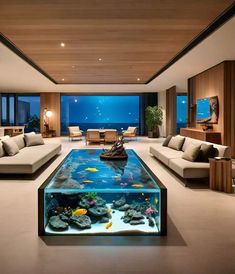 a living room filled with furniture and an aquarium