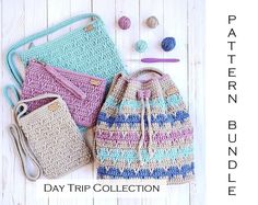 three crocheted bags and two purses on a white wooden background with text overlay that says, day trip collection