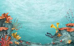 an underwater scene with fish, corals and seaweed