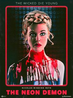 the neon demon movie poster with a woman's face covered in blood