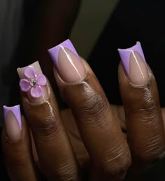 Nail Ideas White And Purple, Purple Nails Acrylic Flower, Lavender Nails Birthday, Lilac Short Nails Design, Cute Purple French Tip Nails, Cute Purple Nail Ideas Short, Nail Ideas For 12 Yo, Purple Aesthetic Nails Short, 3d Purple Nails