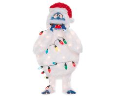 a white stuffed animal with christmas lights on it's chest