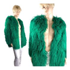 Crazy Rock and Roll Unisex Bright Green Shaggy Mongolian Lamb Fur Coat  Unisex fits a: Woman size 10-14   Men's size  38-40   Chest- 39" Sleeve length: 34"  Shoulder to hem Length is 32" Brand - No Brand Tag The Fur is Artistically layered to drape over the shoulder at longer lengths, and repeated down the sleeve.   The fur is plush long and soft.  The coat has been stored properly to preserve the fur.  This coat was owned by a Man.  I purchased this from A 2x Oscar Nominated Hollywood Costume D Rock Style Winter Outerwear For Parties, Rock Style Winter Party Outerwear, Mongolian Lamb Fur Coat, Long Shaggy, Hollywood Costume, Fluffy Coat, Wear Store, Hip Hop Rap, Green Satin