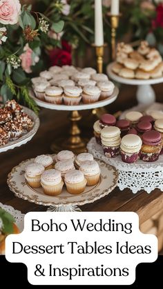 Boho wedding dessert table featuring vintage trays, mismatched plates, macarons, lace-designed cupcakes, boho-themed cookies, brass candle holders, and lace doilies. Macarons Wedding Display, Cookie Table For Wedding, Cupcake Table Ideas, Vintage Glassware Display, Cupcake Display Ideas Wedding, Cookie Table Wedding Display, Boho Wedding Dessert Table, Boho Dessert Table, Cookie Display Ideas