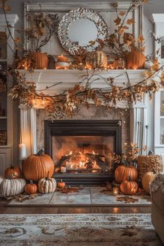 a living room filled with lots of pumpkins on the floor and a fire place