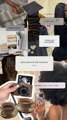 a collage of photos with coffee, books and other things on it that include text bubbles