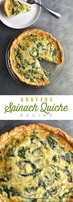 spinach quiche is shown with a slice missing from it