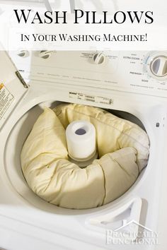 a washing machine with the words wash pillows in your washing machine