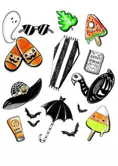 an image of halloween items drawn on paper